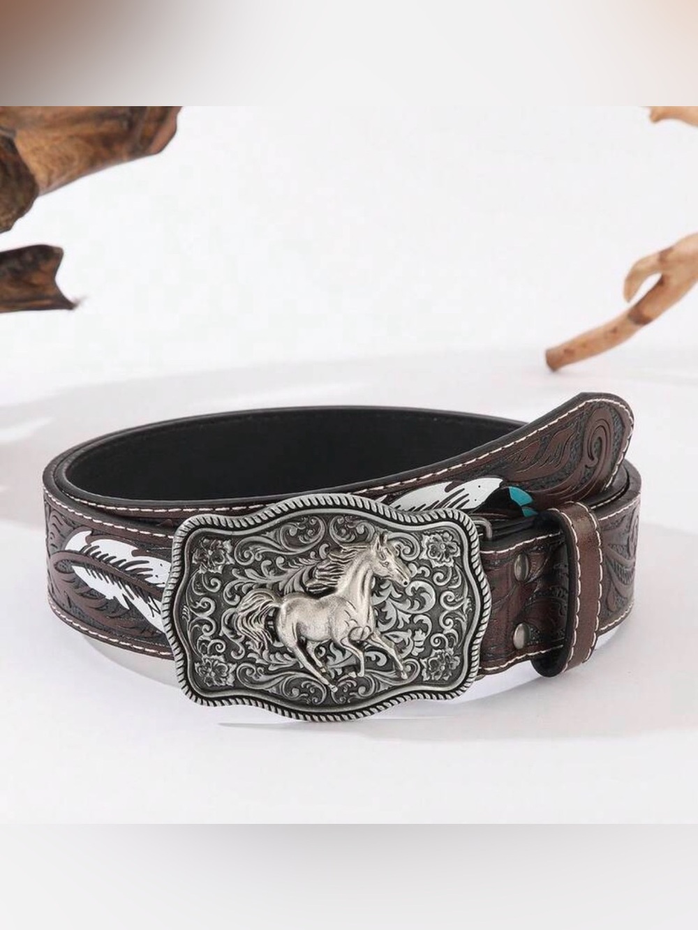 Western Belt Brown pu Leather Belt with Horse Buckle silver tone